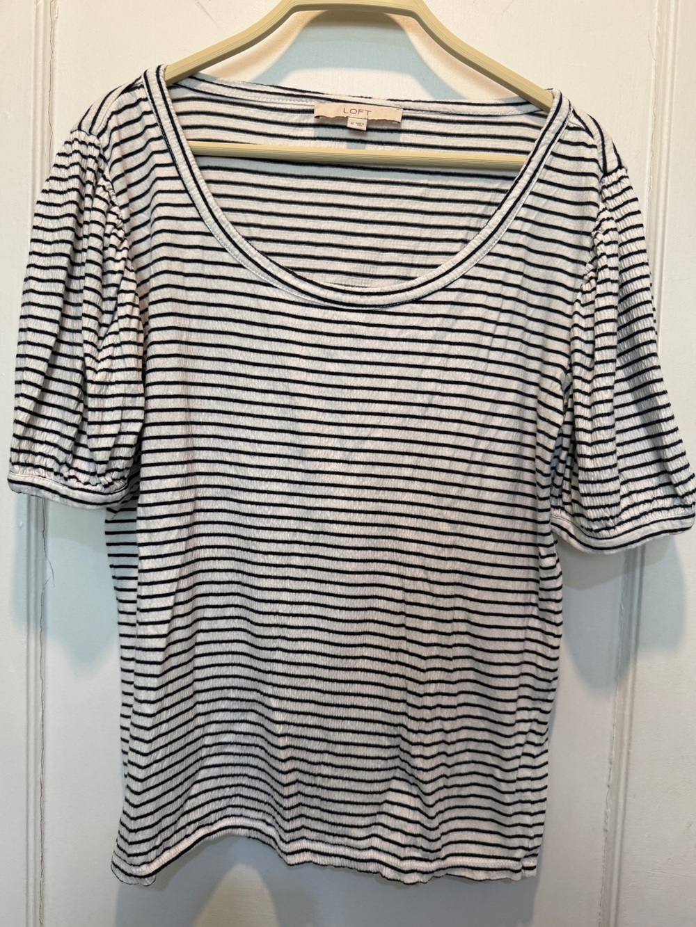 LOFT Navy and White Striped Short Puff Sleeve Scoop Neck Tee